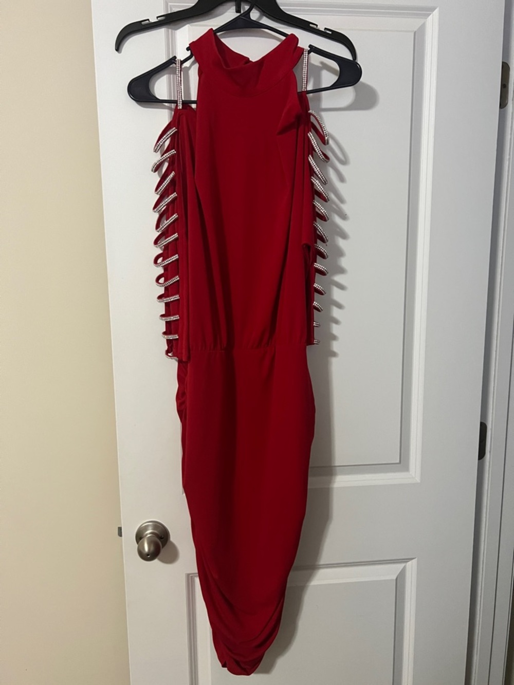 VENUS Red Midi Dress with Crystal Side Straps